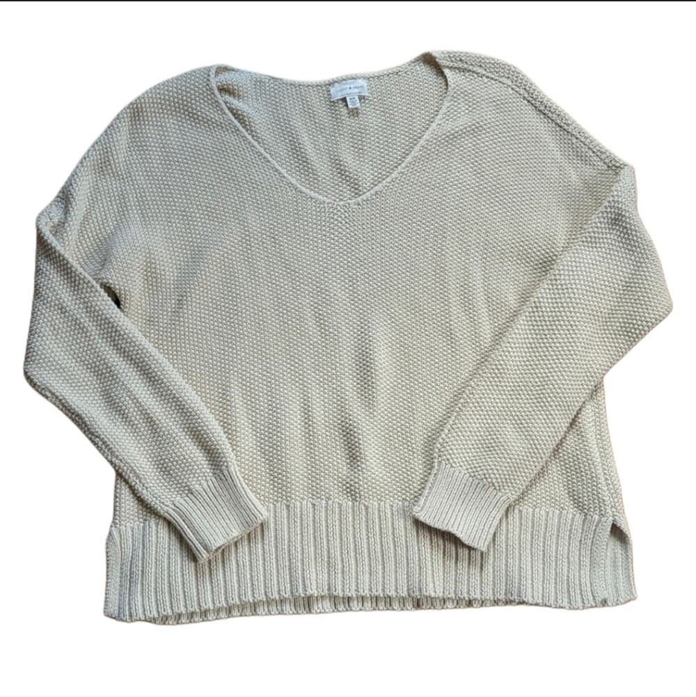 Lucky Brand Cream Chunky Knit Boho V Neck Comfy Winter Sweater Size Medium